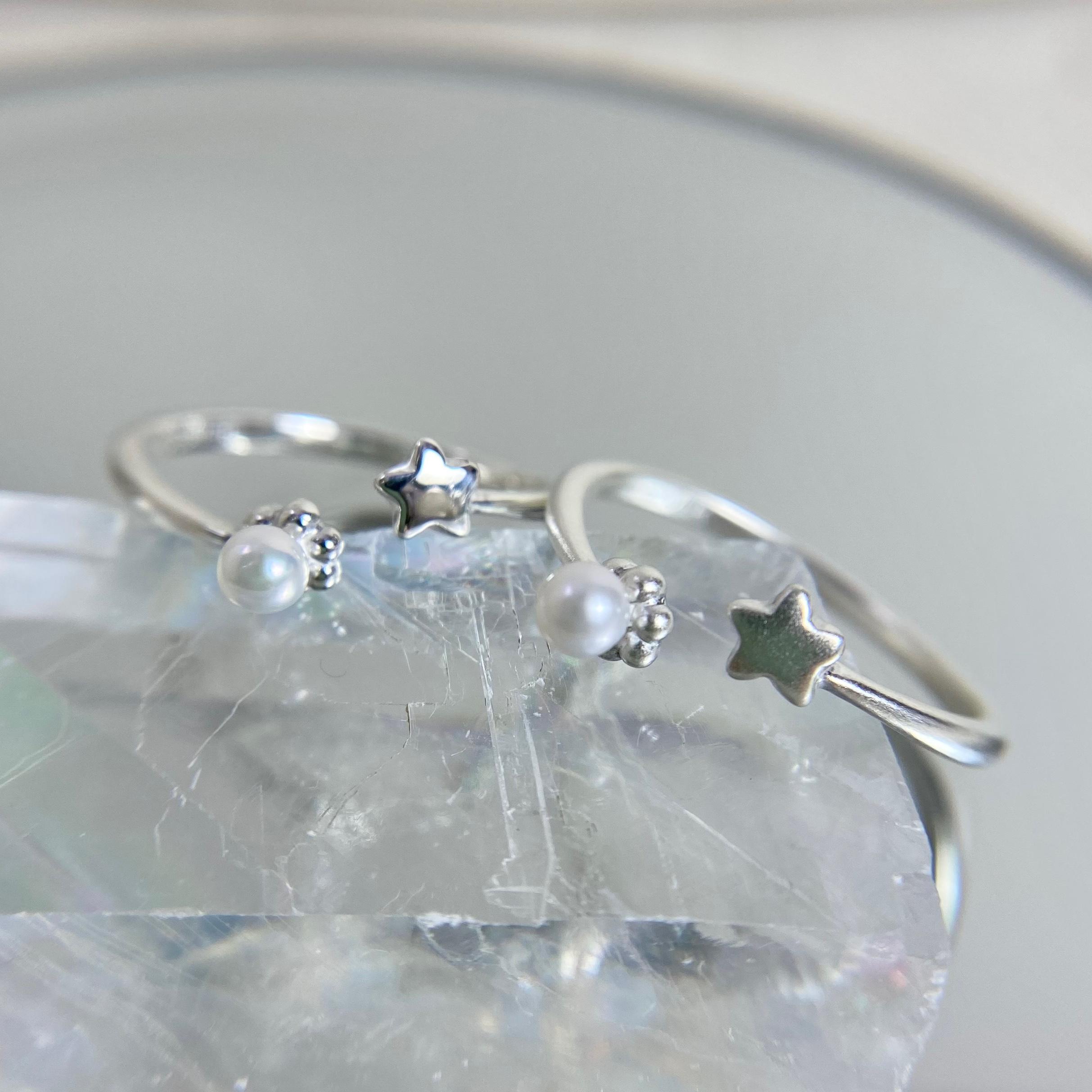 受注製作！ベビーパール（淡水真珠）シルバーリング｜11〜12号☆（ロジウムコーティング）可愛い星のオープンリング