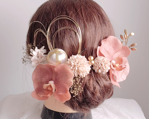 【レトロ❤︎髪飾り】レッド×アイボリーコームヘッドドレス 胡蝶蘭 水引 チュール e574fd12d49b0260e15411872a8cb8