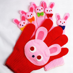 ウサギの親子（ピンク）手遊びセット（手袋シアター） 2枚目の画像