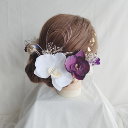 金銀の胡蝶蘭と水引き・和玉かんざしの和装髪飾り 成人式へア 卒業式