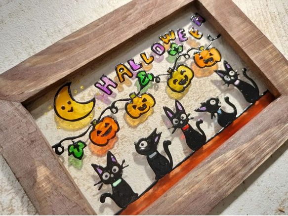 送料無料*ステンドグラス風*ハロウィン・黒猫・カボチャ･ハンドメイド♪ 2枚目の画像