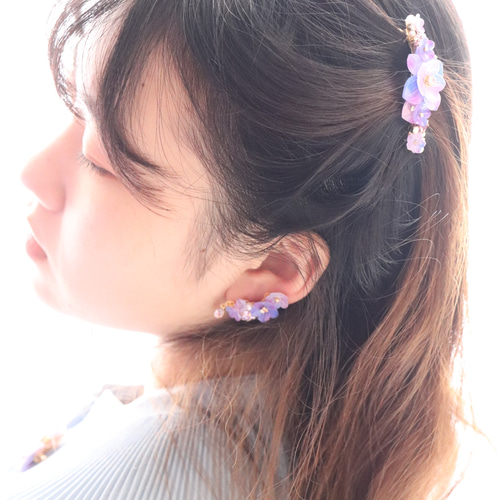 桔梗とビジューのヘアバレッタ、全長6cm 花、ギフト バレッタ 桔梗とビジューのヘアバレッタ、全長6cm 花、ギフト バレッタ