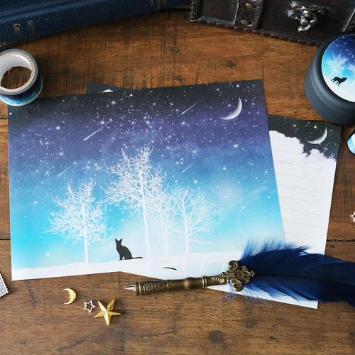 レターセット｜冬の星空・猫｜便箋・手紙・紙もの｜夜空・三日月・流星