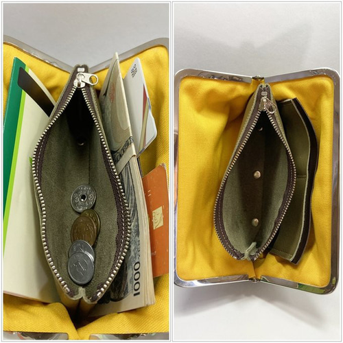 レザー（本革）がま口長財布☆ファスナー 小銭入れ・、カード入れ付き