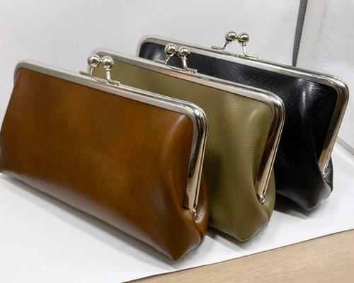 がま口長財布レザー レザー（本革）がま口長財布☆ファスナー 小銭入れ・、カード入れ付き