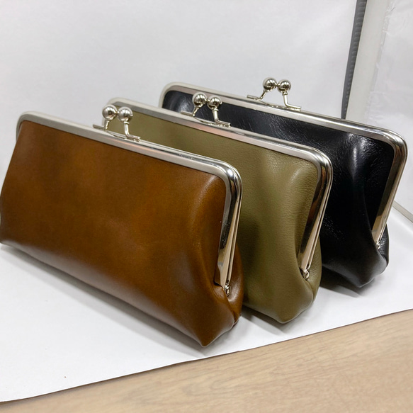ハッピー　ハンドメイド本革がま口長財布 レザー（本革）がま口長財布☆ファスナー 小銭入れ・、カード入れ付き