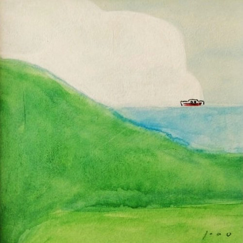 ススキの丘から東京湾一望 水彩画 木製額縁 ススキの丘から東京湾一望