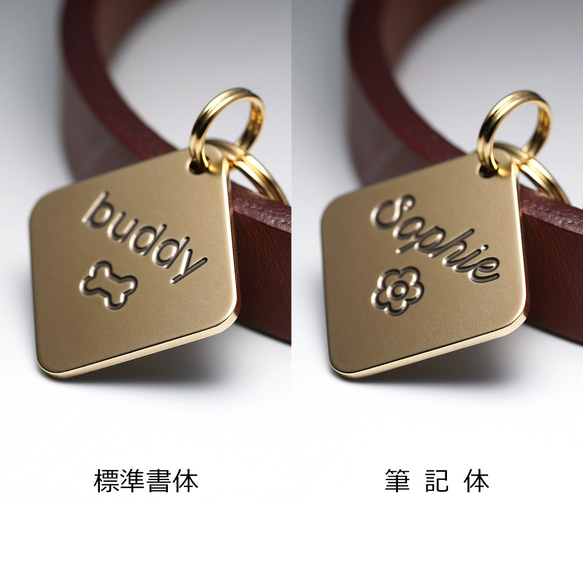 ひし形の迷子札【真鍮】犬用 ペット用 ネームプレート ネームタグ ドッグタグ 名札 キーホルダー チャーム 3枚目の画像