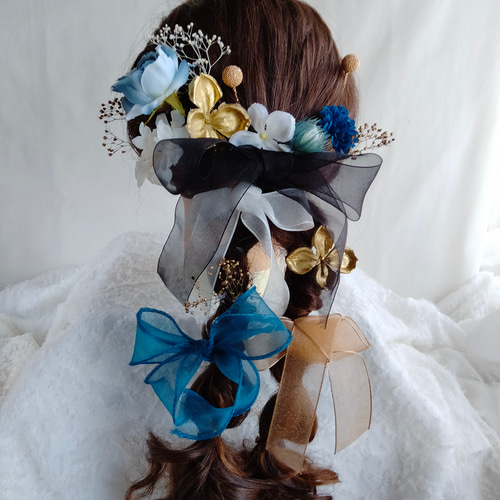 オーガンジーリボンヘアゴム  青の貝がら オーガンジーリボンヘアゴム 青の貝がら