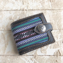 レザー　二つ折り財布　ブラック×キャメル　伊波メンサー（織物シリーズ） 1枚目の画像