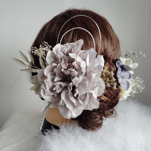 閑花＿＿芍薬と紫陽花の髪飾り 牡丹 グレー シルバー 卒業式 成人式