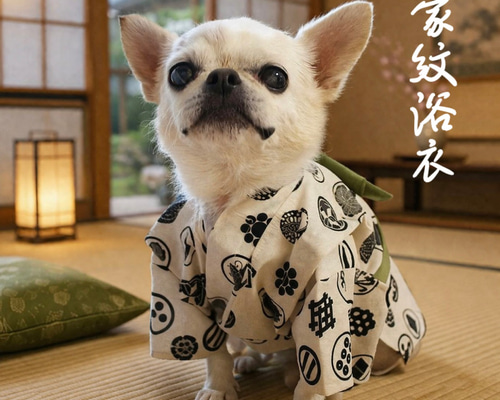 ハンドメイド★犬浴衣☆富士和柄パッチ☆ベージュ帯 送料無料》帯色選べるペット用 浴衣 犬猫 家紋 ペット服・アクセサリー