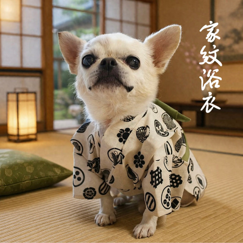 ハンドメイド★犬浴衣☆富士和柄パッチ☆ベージュ帯 送料無料》帯色選べるペット用 浴衣 犬猫 家紋 ペット服・アクセサリー