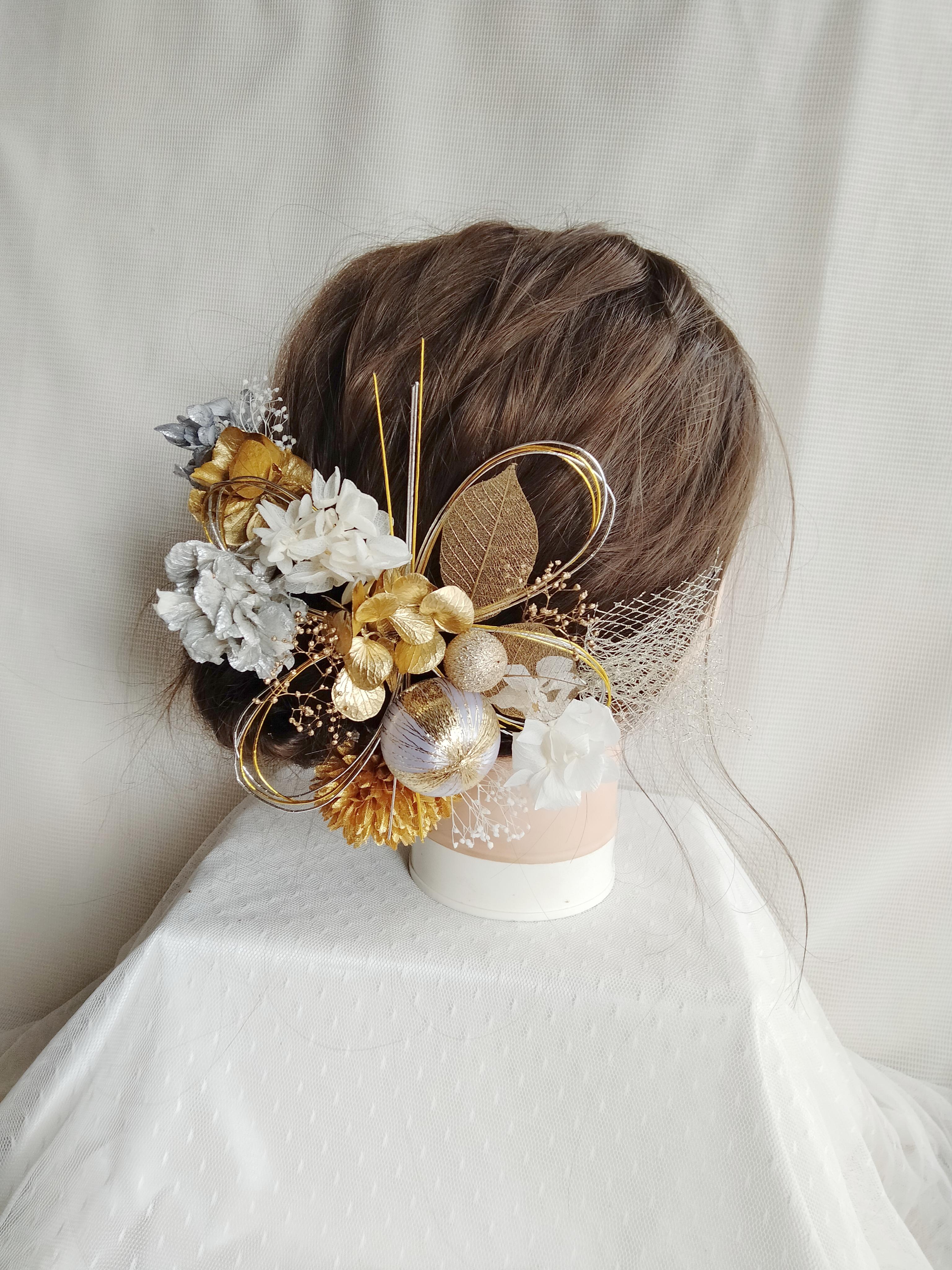 水引と和玉の三色の髪飾り　卒業式　成人式　結婚式　ドライフラワー　プリザーブドフラワー