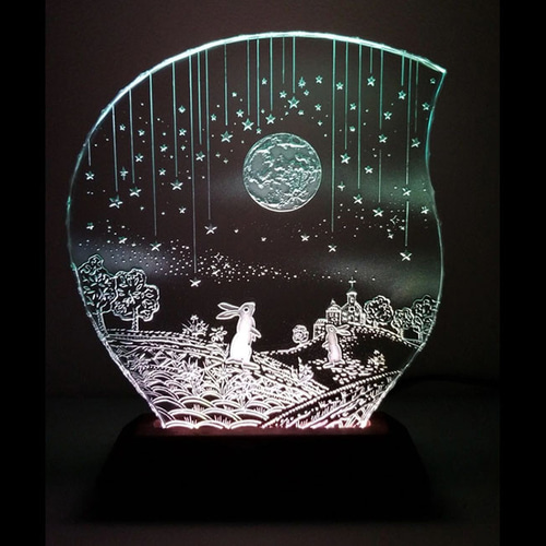 満月と2羽のウサギ （ガラス：Mサイズ）SCULPTORIUM ガラスエッチング