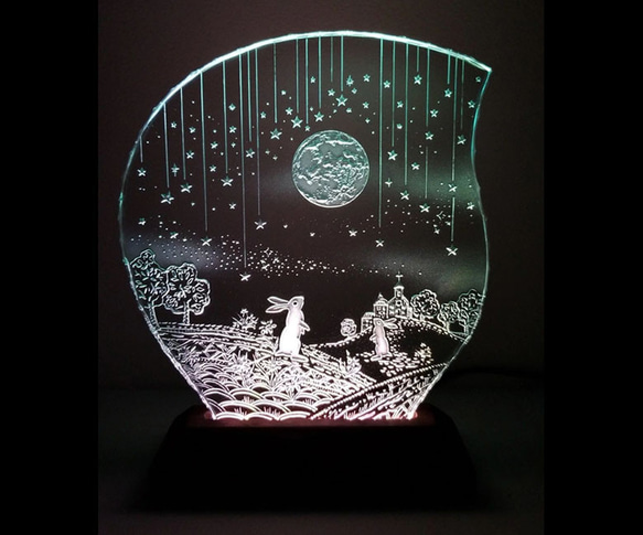 満月と2羽のウサギ （ガラス：Mサイズ）SCULPTORIUM ガラスエッチング