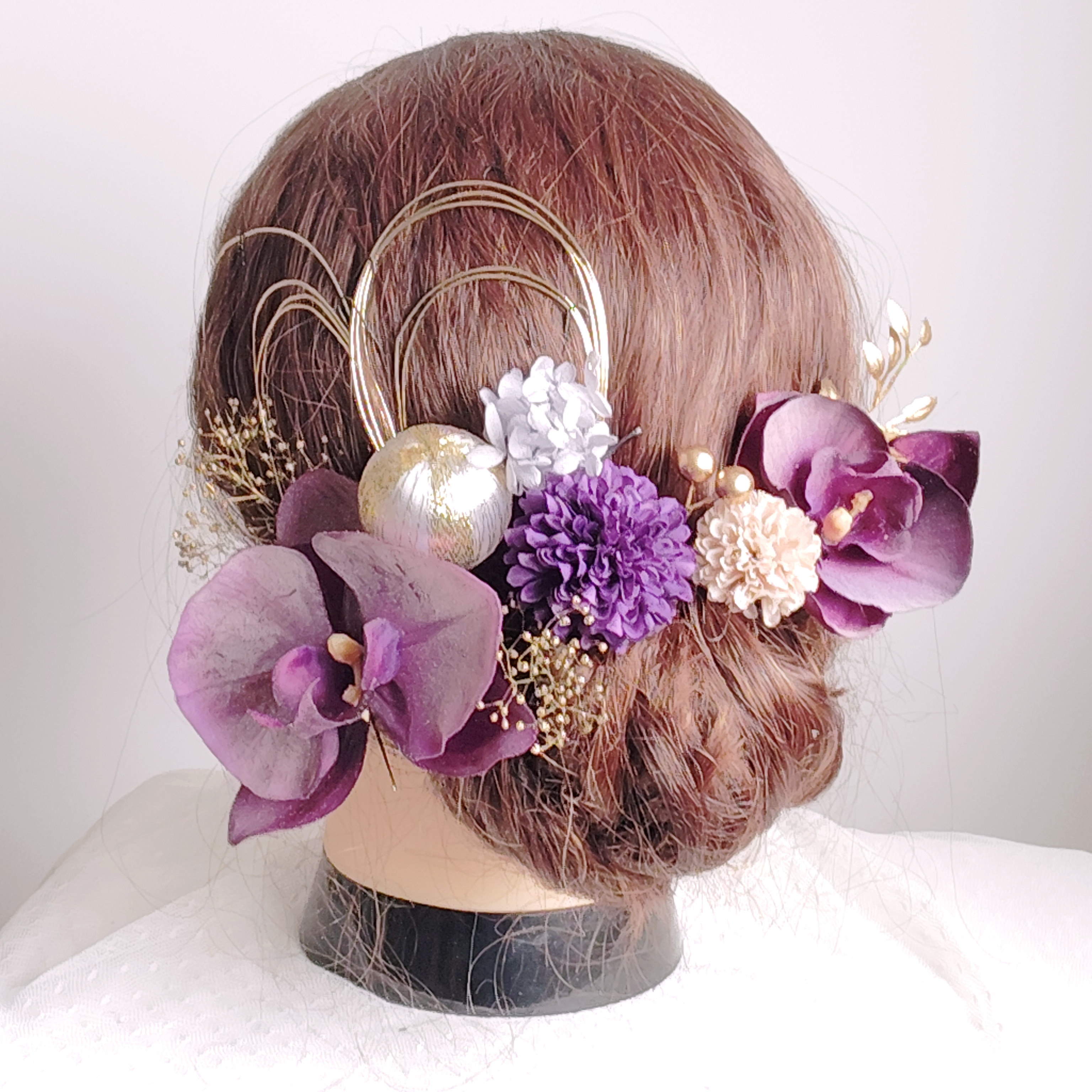 紫胡蝶蘭　和装　花嫁　前撮り　卒業式　成人式　結婚式　髪飾り　ヘッドドレス　ヘアアクセ　ヘッドパーツ　振袖　袴　着物　ベ