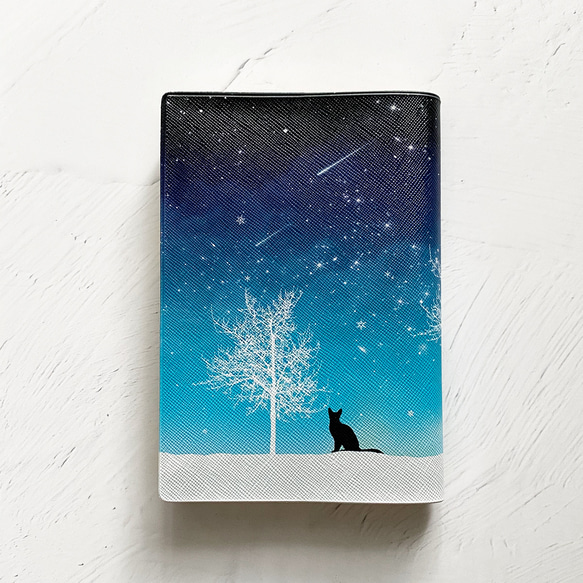 冬の星空・猫 ブックカバー・手帳カバー（A6）ほぼ日手帳カバー 文庫本 月 ねこ 2枚目の画像