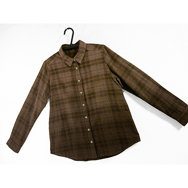 長袖コットンシャツ（チェック模様）（ボカシ染）（こげ茶色濃淡）