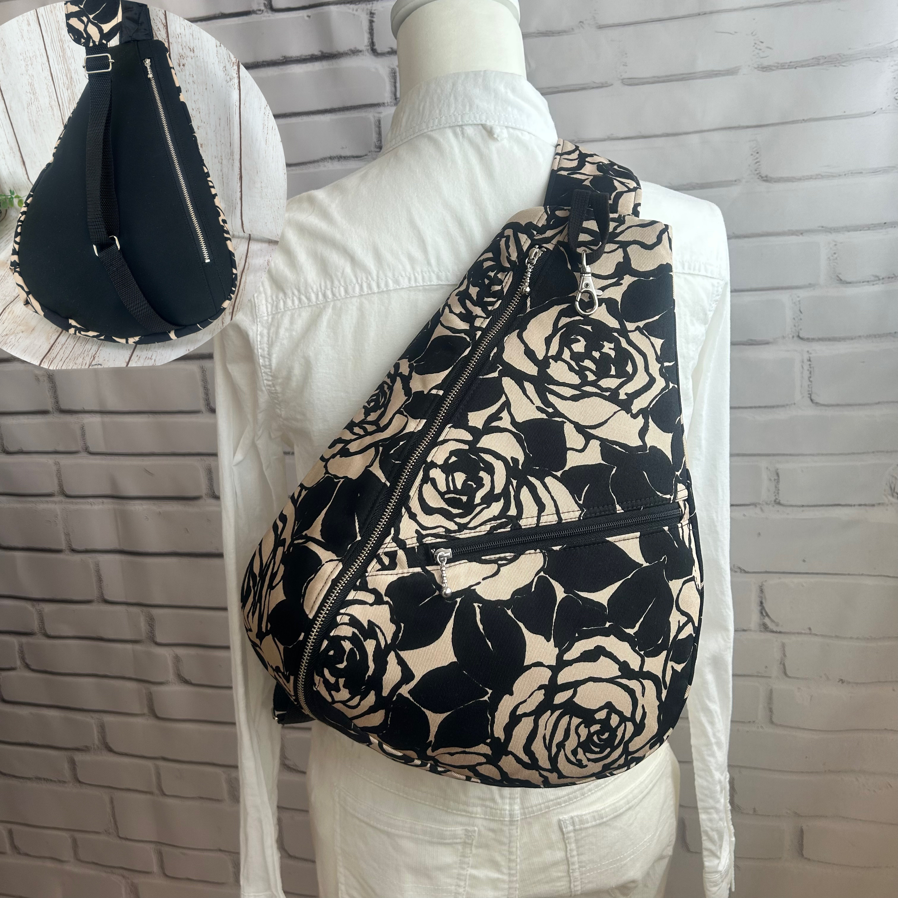 背面ポケット付き　しずく型 ワンショルダーバック ボディバック　ショルダーバック　通院　長さ調節可能 豪華薔薇柄黒色