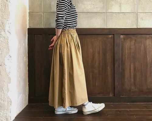 キレイめに着れる♪タイプライターのギャザースカート キャメル ロング