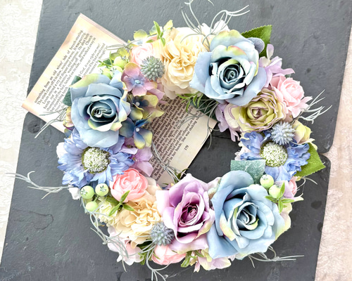 フラワーリース超特大リースシャビーリースくすみカラーリースハンドメイド フラワーリース超特大リースシャビーリースくすみカラーリースハンドメイド