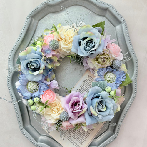 アンティーク くすみカラー リース バラ スカビオサ 夏リース ブルー系