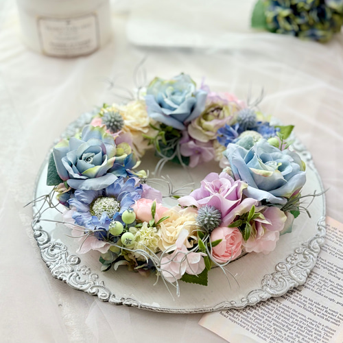 アンティーク くすみカラー リース バラ スカビオサ 夏リース ブルー系