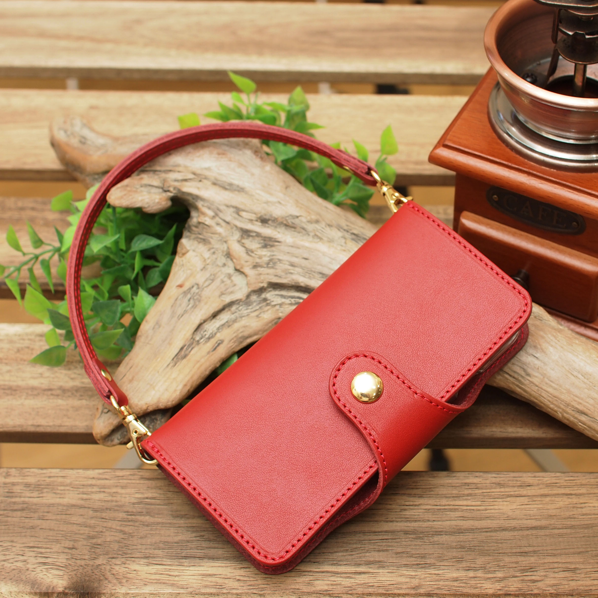 ほぼ全機種製作 ロールキャベツスマホケース＋ミニ取っ手ストラップ【姫路レザーレッド牛革】RS-02red