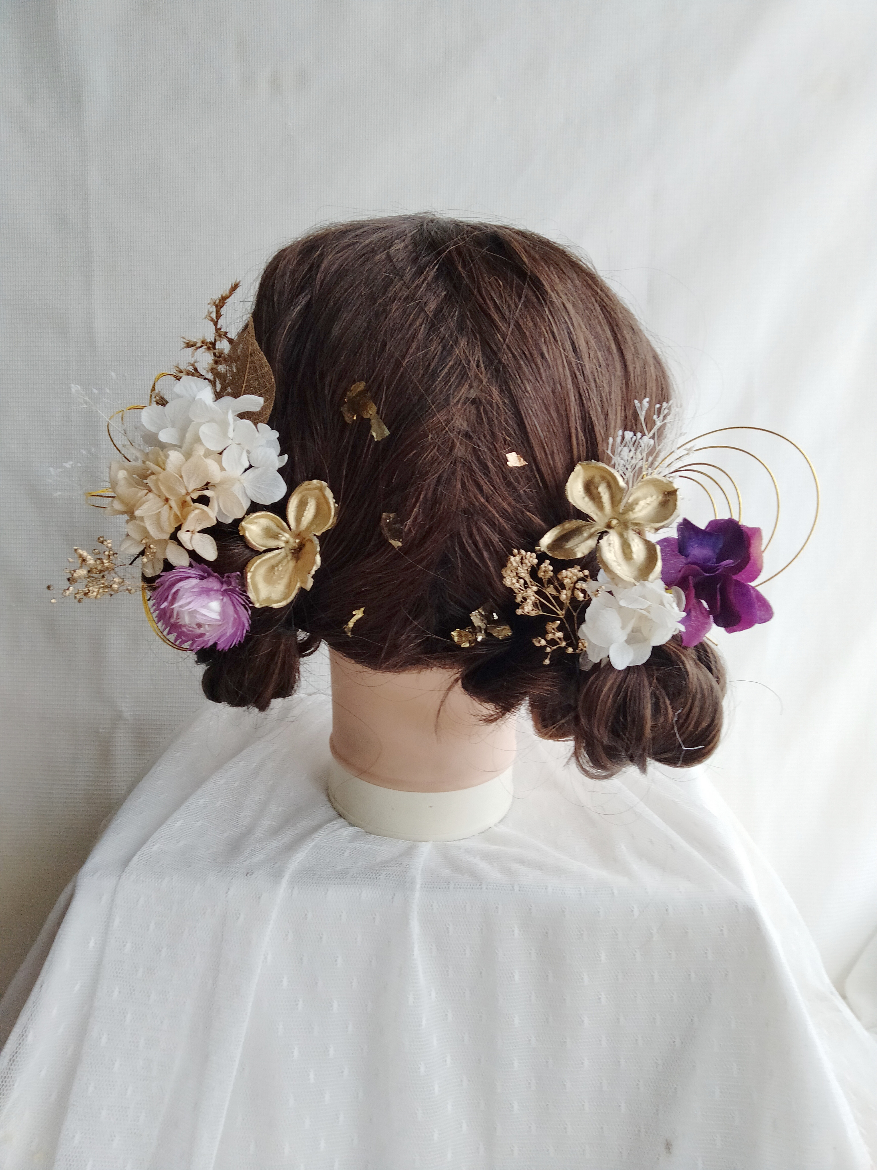 ツインテール　ツイン団子　ツインアレンジ　卒業式　成人式　七五三　髪飾り　浴衣　振袖　袴　着物　和装　水引　水引き　紫