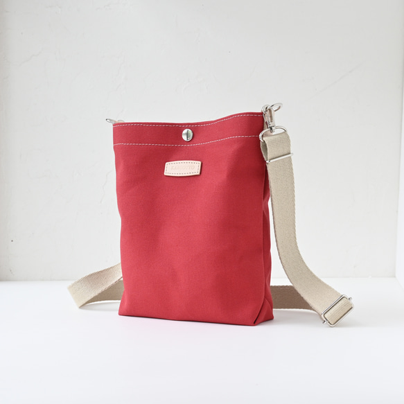 Sサイズ/軽量＆500mlペット・傘が縦に入る便利なショルダー/安心の国産帆布×ヌメ革#レッド 5枚目の画像