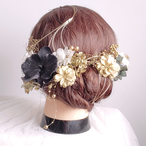 黒胡蝶蘭とパールシャワーの結婚式髪飾り ヘアアクセ ヘア