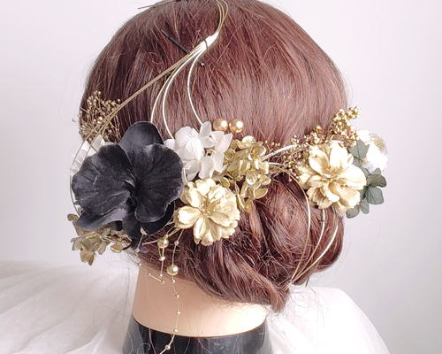 黒胡蝶蘭とパールシャワーの結婚式髪飾り ヘアアクセ ヘア