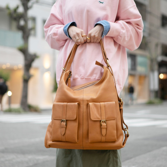 背包包袋鞣革 A4 筆記本 2WAY 包 L 號粉紅米色 HAB008 第3張的照片