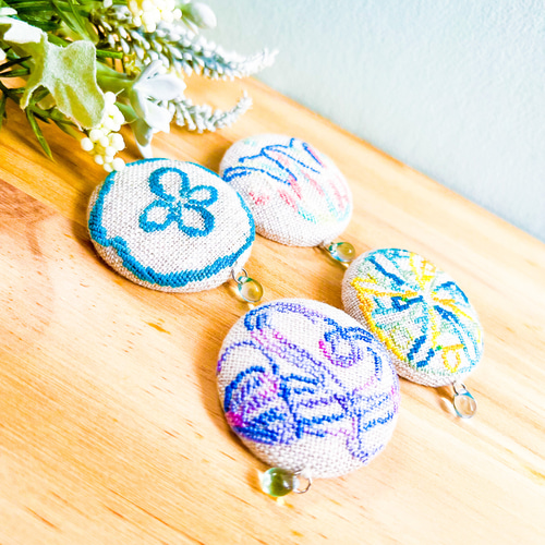 クラゲ水族館 海のいきもの刺繍くるみボタンブローチ/ヘアゴム