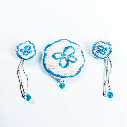 クラゲ水族館 海のいきもの刺繍くるみボタンブローチ/ヘアゴム