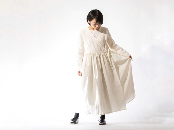 カシュクールワンピース リネン 白 S,Mサイズ 洋裝 ago アーゴ