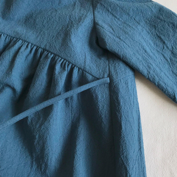 煙藍色*柔軟縮褶連衣裙【S、M、L、LL】棉麻【3/4袖/長袖】 第13張的照片