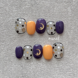 ［123］再販＊Halloween＊ブラックとゴールドドットのハロウィーンネイル＊mustard×purple 1枚目の画像