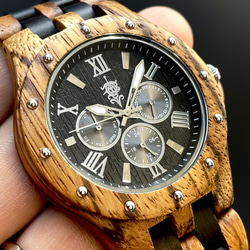 【木製腕時計】EINBAND Sand 木の時計 カレンダー付き ウッド ウォッチ ゼブラ エボニー 黒檀【46mm】 8枚目の画像