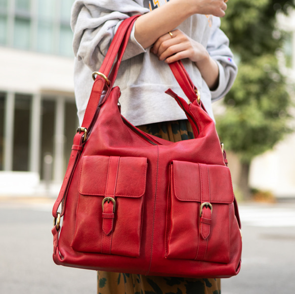 背包包 鞣革 A4 筆記本收納 2WAY 包 紅色植鞣革 HAB008 第1張的照片