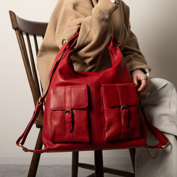 背包包 鞣革 A4 筆記本收納 2WAY 包 紅色植鞣革 HAB008 第4張的照片