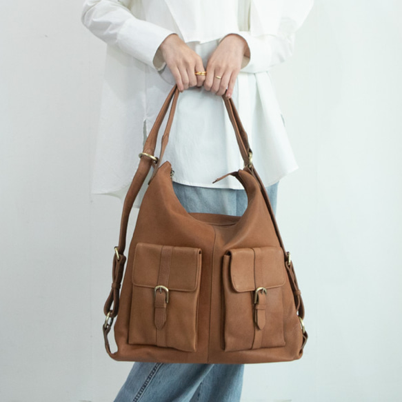 【限時10折優惠】雙肩包，天然皮革，A4尺寸，兩用包，植鞣革，駝色，HAB008 第3張的照片