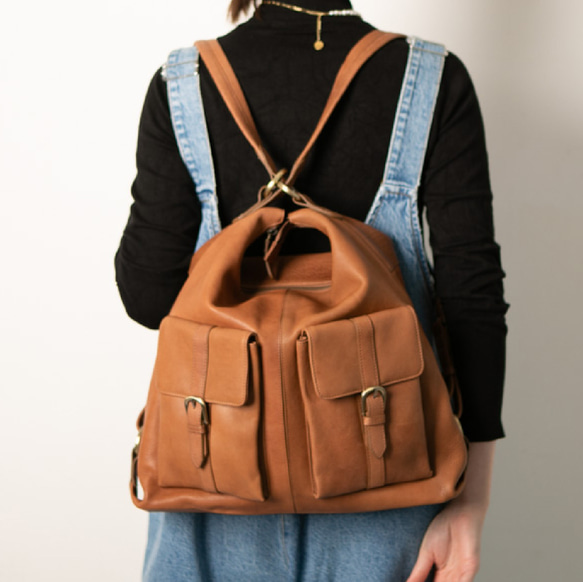 【限時10折優惠】雙肩包，天然皮革，A4尺寸，兩用包，植鞣革，駝色，HAB008 第1張的照片