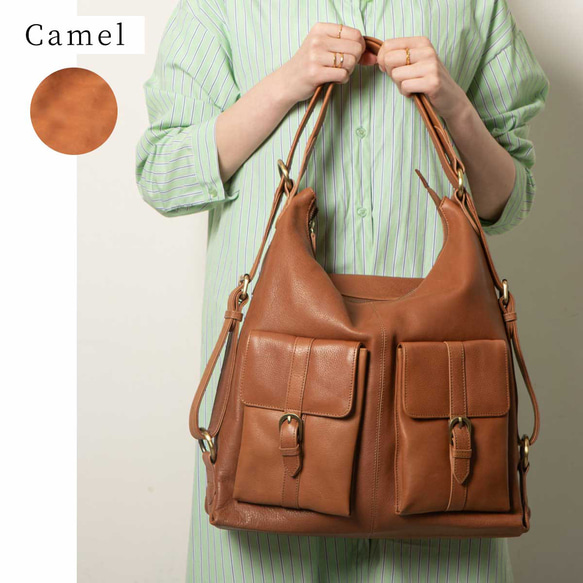 【限時10折優惠】雙肩包，天然皮革，A4尺寸，兩用包，植鞣革，駝色，HAB008 第5張的照片