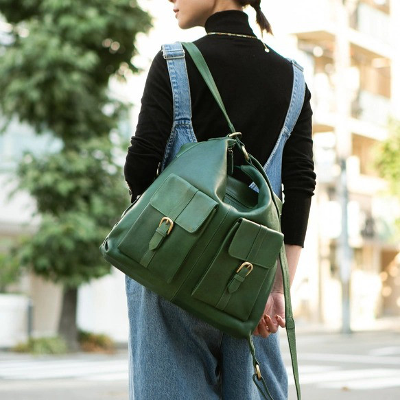 【10%off タイムセール】リュック バッグ ヌメ革 A4ノート収納可 2WAYバッグ グリーン HAB008