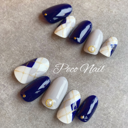 アーガイル×ネイビー☆ネイルチップ ネイルチップ（つけ爪） Peco Nail