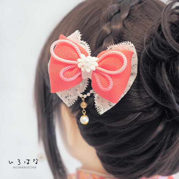 和風リボンの髪飾り 七五三 ひな祭り 赤/ピンク レース 6枚目の画像