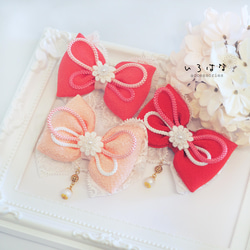 七五三髪飾り〈Love ribbon シリーズ♡〉 ぐるっと可愛い髪飾♡ 107 和風リボンの髪飾り 七五三 ひな祭り 赤/ピンク レース SS 雑貨