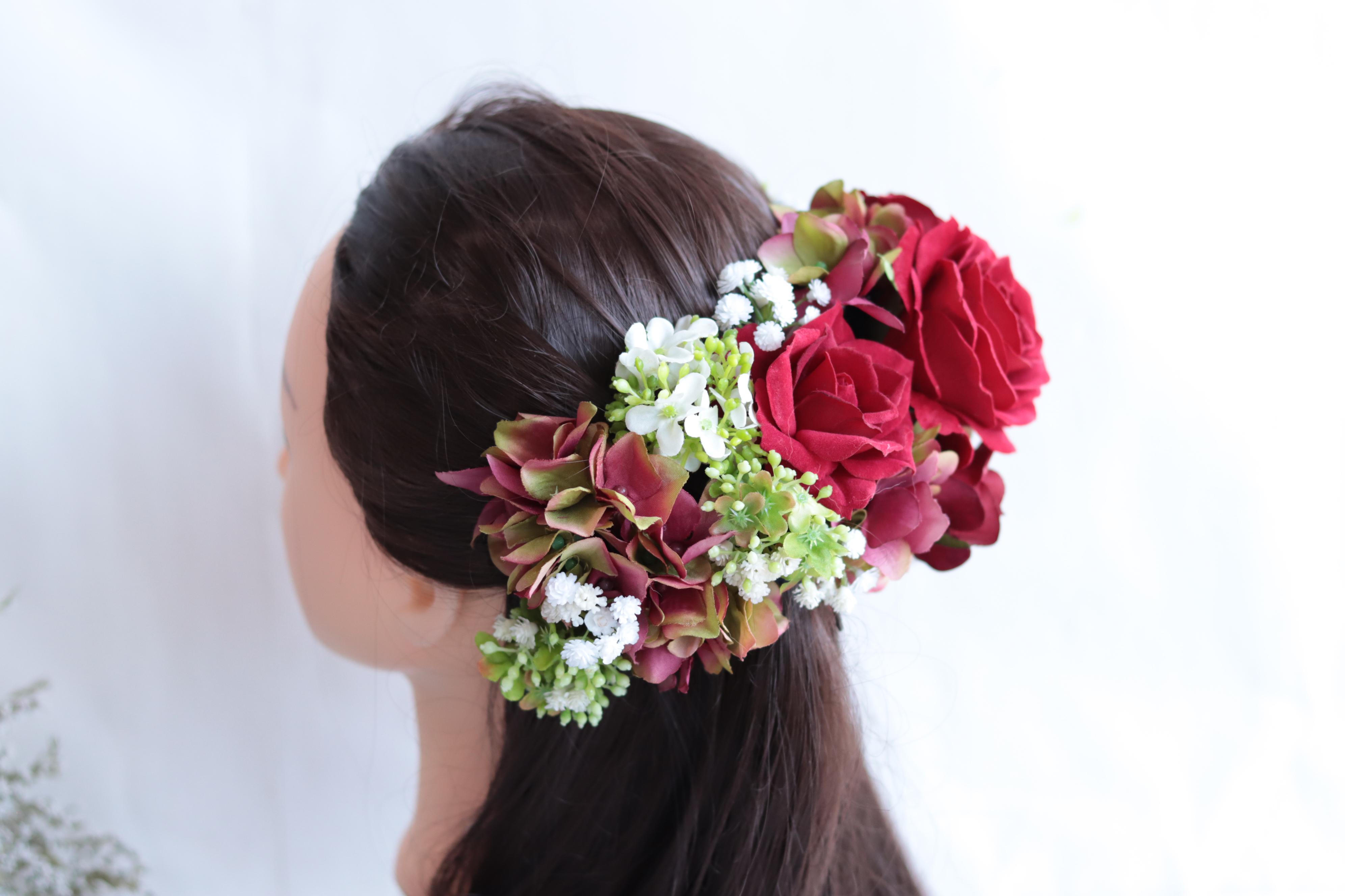 アンティークレッドのブーケ&ヘッドドレス＊アーティフィシャルフラワー＊カラーオーダーＯＫ